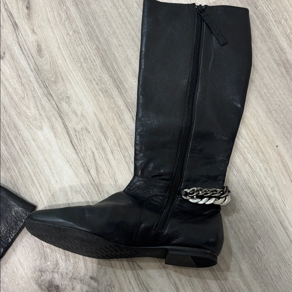 Calvin Klein Martha  Black Leather Knee-High Boots with Chain Detail size 5.5
